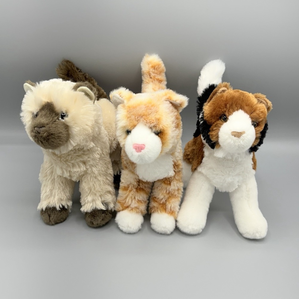 Lot of 3 Douglas Plush Cats Stuffed Animals - Tabby, Calico, Siamese 7"